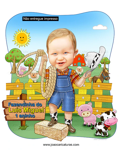 Caricatura aniversário, criança, menino,menina, garfo, brincando, tema, fazendinha, filho, bebê, cowboy, vaqueiro, laço, cerquinha, cavalo, vaquinha, porquinho, ovelha,feno, 