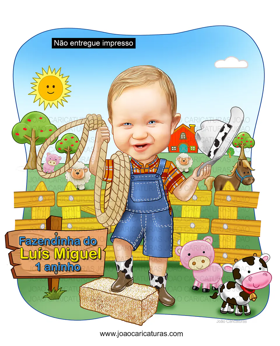 Caricatura aniversário, criança, menino,menina, garfo, brincando, tema, fazendinha, filho, bebê, cowboy, vaqueiro, laço, cerquinha, cavalo, vaquinha, porquinho, ovelha,feno,  1