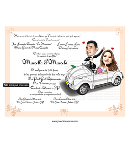 Convite de casamento caricaturas  digital casamento Família noiva no colo corpão  elegantes felizes desenho pessoas fusca fuscão carro