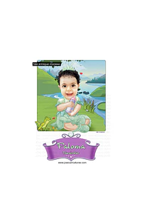 Caricatura criança, menina, bebê, sapo, princesa, lago, 1 ano 2 3 4 5 6 7 8 9 10 11 12 13 linda, bebezinha, princesinha, desenho, festa, aniversário, tiara dourada