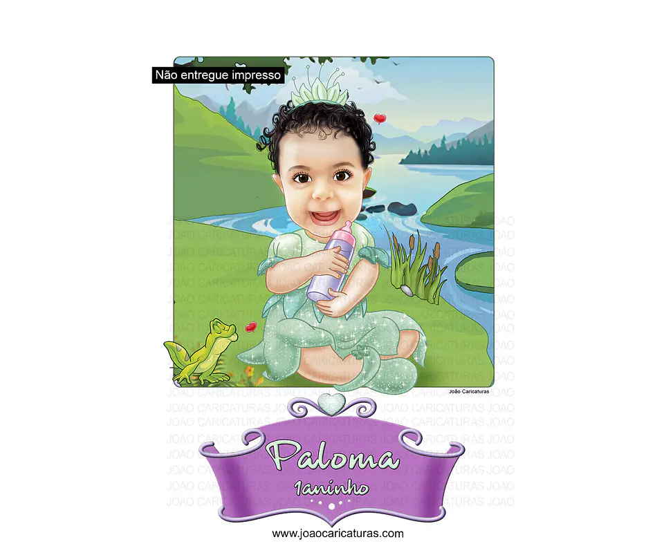Caricatura criança, menina, bebê, sapo, princesa, lago, 1 ano 2 3 4 5 6 7 8 9 10 11 12 13 linda, bebezinha, princesinha, desenho, festa, aniversário, tiara dourada 3