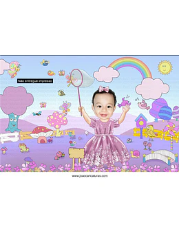 Caricatura criança linda convite de bebezinha linda, menina no Jardim mágico encantado cheio de borboletas, gogumelos, passarinhos, abelhinhas, florzinhas, caracol, arcos iris,sapinhos super colorida 