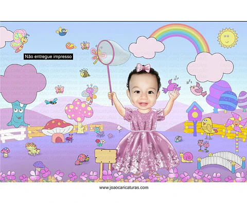 Caricatura criança linda convite de bebezinha linda, menina no Jardim mágico encantado cheio de borboletas, gogumelos, passarinhos, abelhinhas, florzinhas, caracol, arcos iris,sapinhos super colorida 