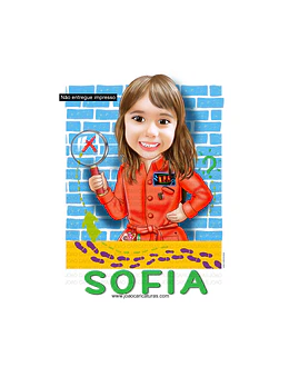 Caricatura criança aniversário tema Gloob menina linda convite tema detetives do prédio azul lupa