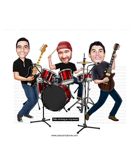 Caricatura aniversário 3 músicos, guitarista, bateirista, contrabaixo, cantando, tocando, banda,show, espetáculo, profissão, musical , astro, alta qualidae,personalizado, palco, disco,lançamento
