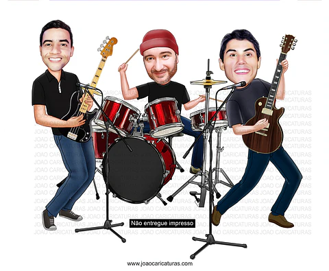 Caricatura aniversário 3 músicos, guitarista, bateirista, contrabaixo, cantando, tocando, banda,show, espetáculo, profissão, musical , astro, alta qualidae,personalizado, palco, disco,lançamento