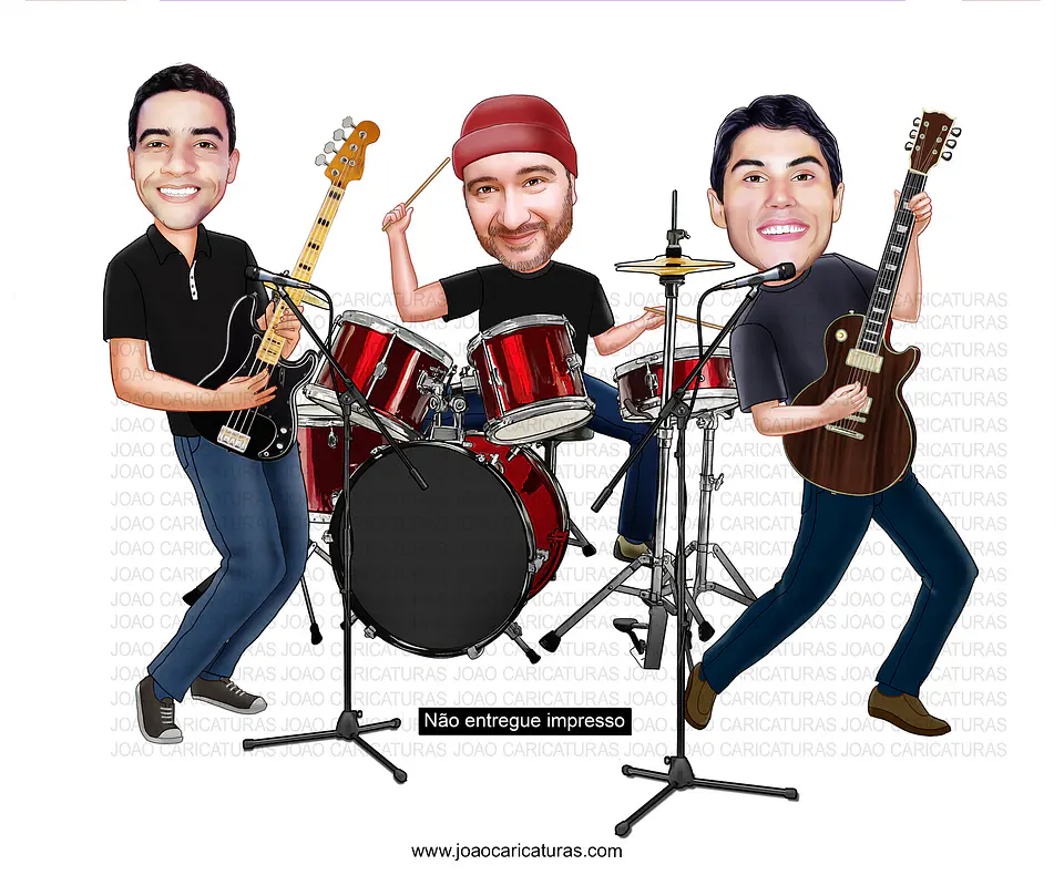 Caricatura Personalizada Banda Musical – Guitarrista, Baterista e Contrabaixistapersonalizado, palco, disco,lançamento 1
