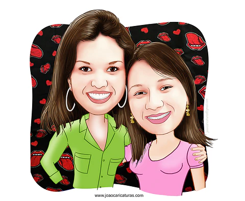Linda caricatura digital de casal namoradas namoro abraçadas aniversário festa presente luar príncipe juntinhos crush moderna realista, caprichada rosto normal natura traços meninas
