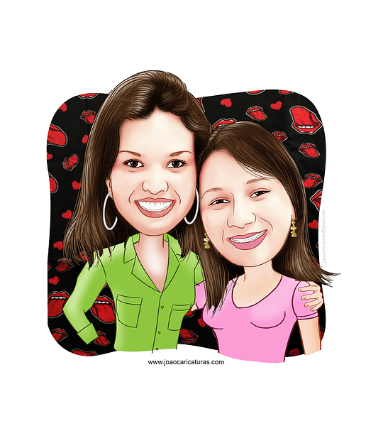 Linda caricatura digital de casal namoradas namoro abraçadas aniversário festa presente luar príncipe juntinhos crush moderna realista, caprichada rosto normal natura traços meninas