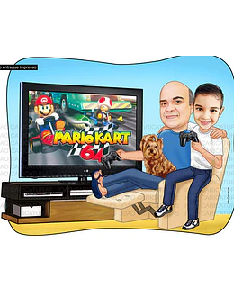Caricatura Família (preço por pessoa) pai mãe filhos netos  jogando game tv mario kart cão pat poltrona papai filho juntos sala estante companheiros amigos familiares