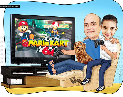 Caricatura Família (preço por pessoa) pai mãe filhos netos  jogando game tv mario kart cão pat poltrona papai filho juntos sala estante companheiros amigos familiares