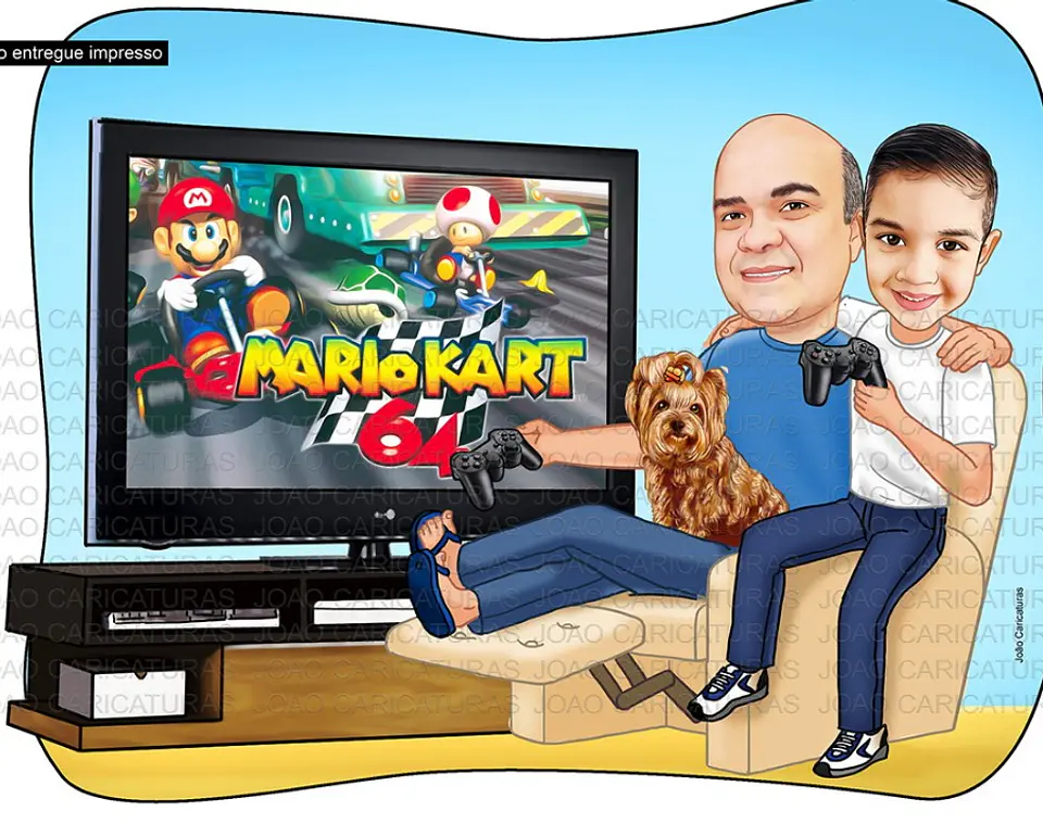 Caricatura Família (preço por pessoa) pai mãe filhos netos  jogando game tv mario kart cão pat poltrona papai filho juntos sala estante companheiros amigos familiares 1