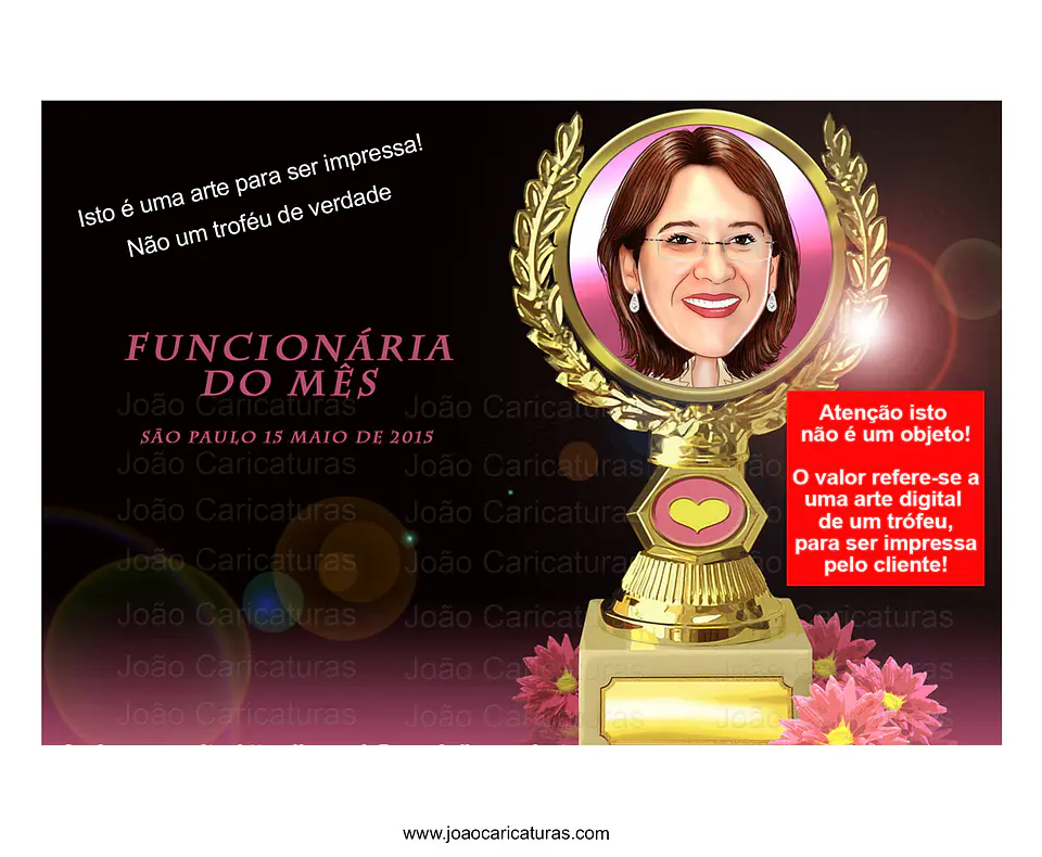 Caricatura de mulher feita sob encomenda através de fotos colocado na imagem de um troféu para ser impresso pelo cliente, funcionária do mês, condecoração, diploma, conquista destaque do mês mãe mulhe 1