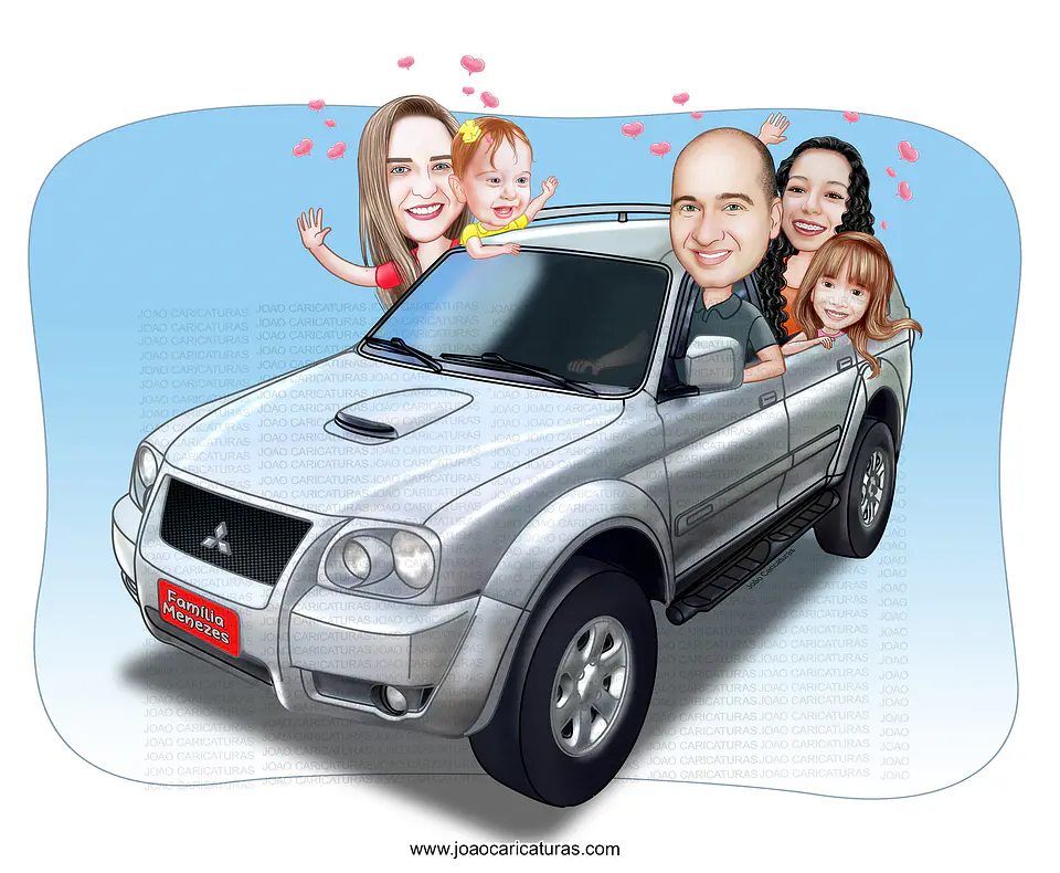Caricatura digital (preço por pessoa) paisagem, avô, bebê, família, carro, pessoas, dirigindo, novo, cão, pet, filhos, sport, carrão, viajando, unidos, torcedores, palmeiras, pai falecido 2