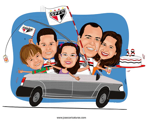 Caricatura Digital Personalizada de Família com Carro (Preço por Pessoa)
