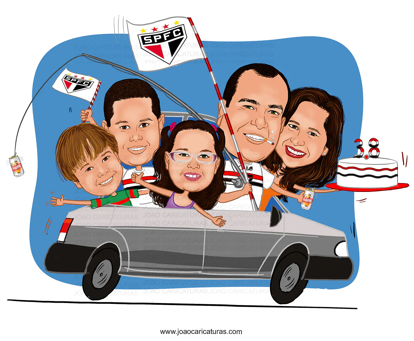 Caricatura digital (preço por pessoa) paisagem, avô, bebê, família, carro, pessoas, dirigindo, novo, cão, pet, filhos, sport, carrão, viajando, unidos, torcedores, palmeiras, pai falecido 3