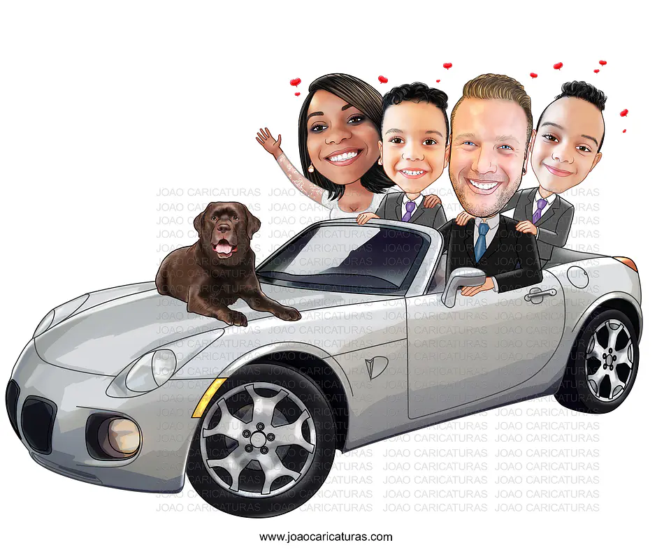 Caricatura digital (preço por pessoa) paisagem, avô, bebê, família, carro, pessoas, dirigindo, novo, cão, pet, filhos, sport, carrão, viajando, unidos, torcedores, palmeiras, pai falecido 4