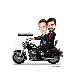 Caricatura casamento gay com moto, casal, dirigindo, noivo, marido, bodas, motoqueiro,lua de mel,
