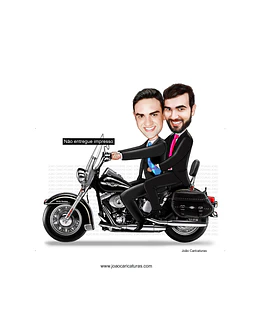 Caricatura casamento gay com moto, casal, dirigindo, noivo, marido, bodas, motoqueiro,lua de mel,