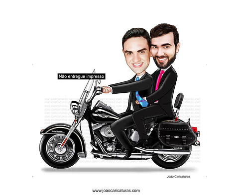 Caricatura casamento gay com moto, casal, dirigindo, noivo, marido, bodas, motoqueiro,lua de mel,