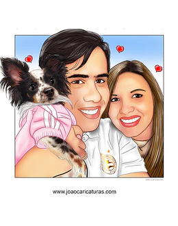 Caricatura digital de casal namorados namoro abraçados aniversário festa presente juntinhos crush moderna realista rosto normal natura traços perfeitos idênticos cão dog cachorro pet 