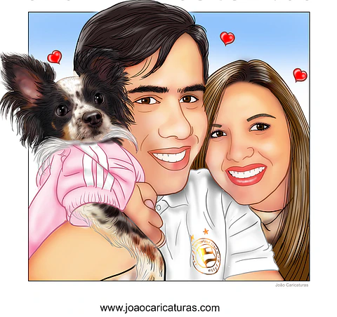 Caricatura digital de casal namorados namoro abraçados aniversário festa presente juntinhos crush moderna realista rosto normal natura traços perfeitos idênticos cão dog cachorro pet 