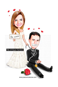Caricaturas  casal estilo super detalhada casamento, noiva super linda, vestido , puxando gravata, corpo violão,jogador, palmeiras basquete,futebol salão, time camiseta internacional, puxando corda 