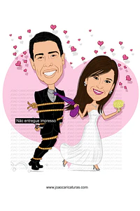 Caricaturas  casal estilo super detalhada casamento, noiva super linda, vestido , puxando gravata, corpo violão,jogador, palmeiras basquete,futebol salão, time camiseta internacional, puxando corda 