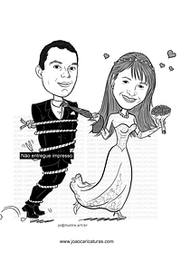 Caricaturas  casal estilo super detalhada casamento, noiva super linda, vestido , puxando gravata, corpo violão,jogador, palmeiras basquete,futebol salão, time camiseta internacional, puxando corda 