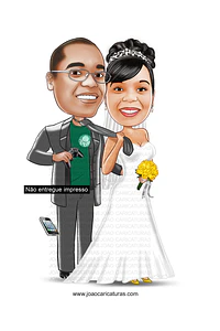 Caricaturas  casal estilo super detalhada casamento, noiva super linda, vestido , puxando gravata, corpo violão,jogador, palmeiras basquete,futebol salão, time camiseta internacional, puxando corda 