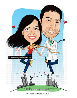 Caricatura de aniversário namorados casal marido mulher médico jaleco jornalista imprensa skol garrafa  copo corda pescoço Brasília namorados colorida cidade porto sentados Portugal tomando vinho
