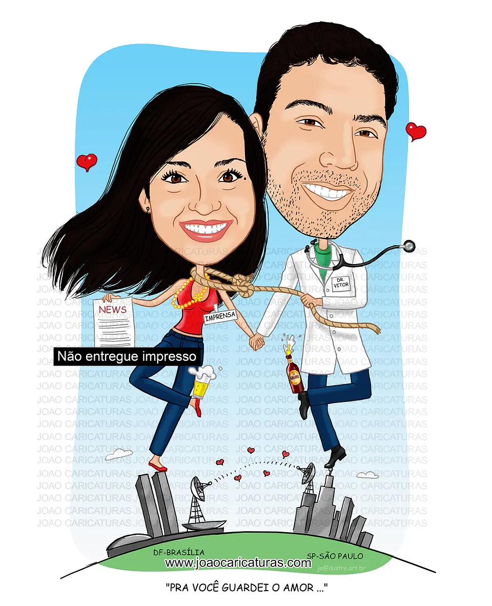 Caricatura Casal Personalizada com Profissões e Cenários Especiais 1