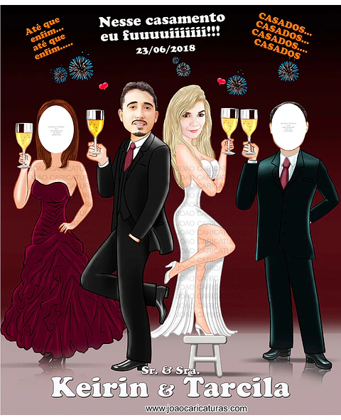 Caricatura banner "EU FUI" estilo ser e sra noivo alto brindando taça champanhe noiva baixinha em cima banquinho xique gala rico vip puxando gola basquete atletas jogador game viciado jogar game  
