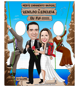 Caricatura banner "EU FUI" casal alpinista, escalando, rosa na mão, convidados sem cabeça  escalando, montanha, rochas, esporte favorito, mochilas, mochileiro, aventureiro,  radical, esporte