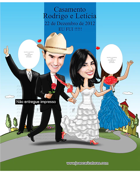 Caricatura banner "EU FUI" Noiva puxando noivo pela gravata pra casamento na igreja, chápeu, country, vaqueiro, rural 