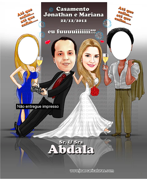 Caricatura banner "EU FUI" estilo ser e sra noivo alto brindando taça champanhe noiva baixinha em cima banquinho xique gala rico vip puxando gola basquete atletas jogador game viciado jogar game  