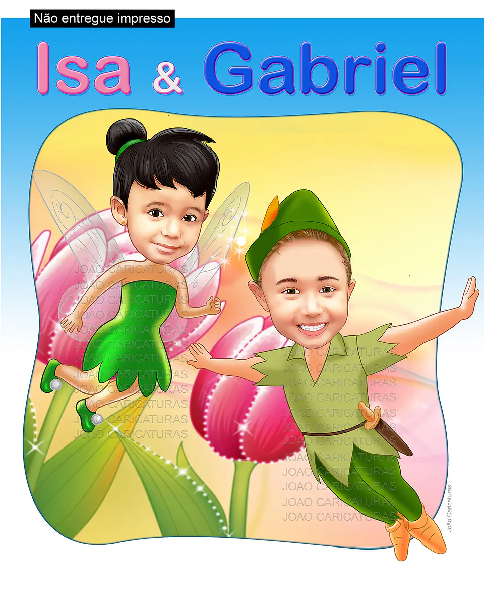 2 Caricaturas desenhos  irmãos sininho e peter pan  aniversário gêmeos meninhinha infantil convite de criança menino  menina voando asas  festas garotos 1