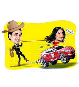 Caricatura de aniversário pai segurando filha laçada namorados casal marido mulher  carro  namorados colorida  cowboy corda