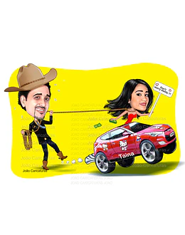 Caricatura de aniversário pai segurando filha laçada namorados casal marido mulher  carro  namorados colorida  cowboy corda