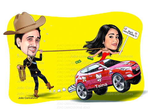 Caricatura de aniversário pai segurando filha laçada namorados casal marido mulher  carro  namorados colorida  cowboy corda