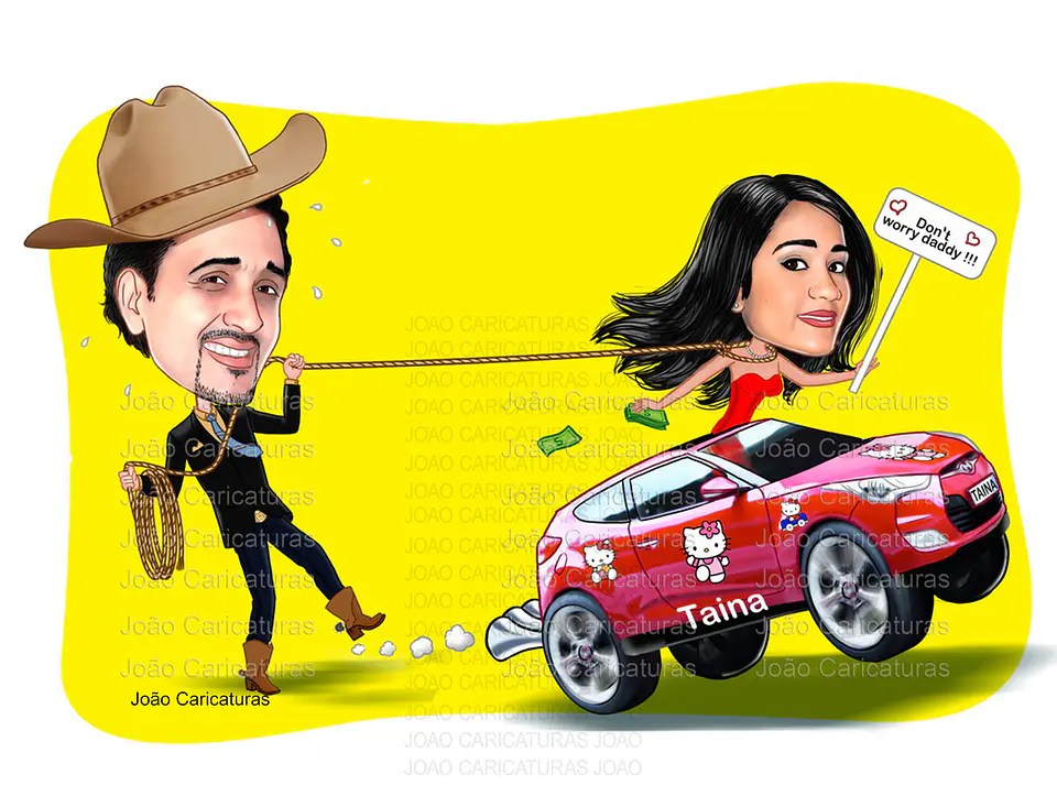 Caricatura de aniversário pai segurando filha laçada namorados casal marido mulher  carro  namorados colorida  cowboy corda 1