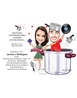 Caricaturas convite  festa chá de panela casal dentro da panela comemorando