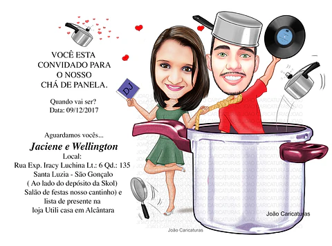 Caricaturas convite  festa chá de panela casal dentro da panela comemorando