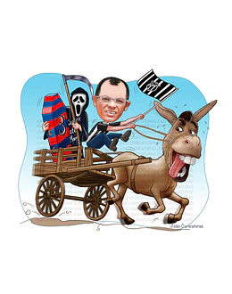 Caricatura aniversário homem carroça, burro, jumento, bandeira time ceará, morte, foice, caixão, torcedor, louco