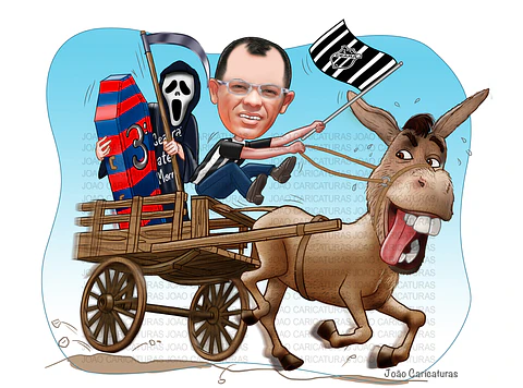 Caricatura aniversário homem carroça, burro, jumento, bandeira time ceará, morte, foice, caixão, torcedor, louco