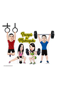 Caricatura personalizada de atletas nos aparelhos, fitness, exercícios, levantamento peso, argolas, atletismo, garotos, homens, mulheres, educação física, grupo, logo, cross fit, fitness