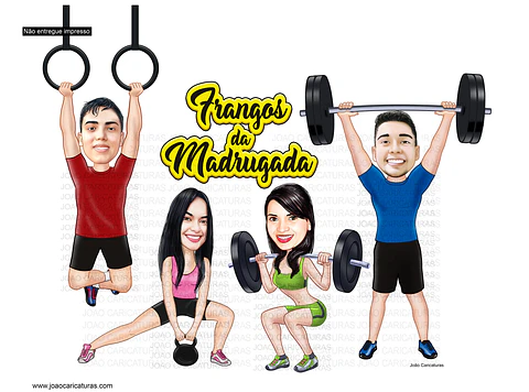 Caricatura personalizada de atletas nos aparelhos, fitness, exercícios, levantamento peso, argolas, atletismo, garotos, homens, mulheres, educação física, grupo, logo, cross fit, fitness