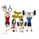 Caricatura atletas nos aparelhos, fitness,exercícios, levantamento peso, argolas,atletismo, garotos, homens,mulheres,educação física,grupo,logo, cross fit, fitness