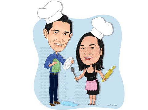 Caricaturas convite  festa chá de panela casal dentro da panela comemorando
