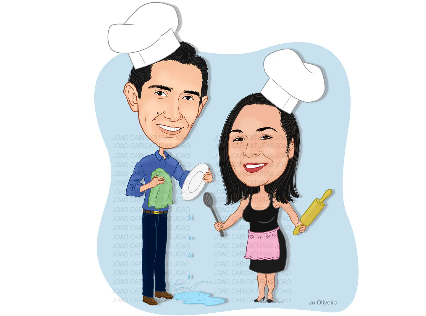 Caricaturas convite  festa chá de panela casal dentro da panela comemorando 2